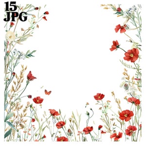15 Bordas florais, Bordas de flores silvestres, Flores silvestres vermelhas, Flores silvestres abstratas, Clipart de aquarela para impressão, Download digital em JPG de alta qualidade