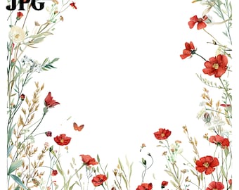 15 Bordura floreale, Bordura con fiori di campo, Fiori di campo rossi, Fiori di campo astratti, Clipart acquerello stampabili, Download digitale di file JPG di alta qualità