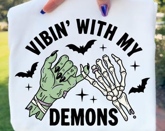 Vibin With My Demons PNG, Retro Halloween Png, Halloween Skeleton Png, Funny Halloween Graphic Design, Spooky Season Png Halloween Vibes Png
