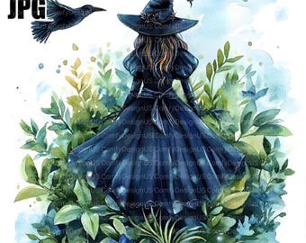 18 Garden Witch Clipart, Spooky Halloween Clipart, High Quality JPGs, Watercolor Clipart, Junk Journal, Digital Download, Paper Craft