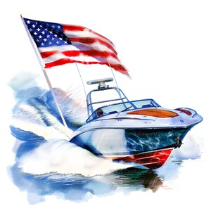 Pu&ograve; includere: Un motoscafo argentato e rosso con una bandiera americana che sventola dall'albero maestro, che sfreccia sull'acqua, creando uno spruzzino di acqua bianca.