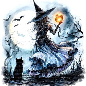 May include: Watercolor illustration of a witch holding a glowing orb, set against a full moon and silhouetted bats. A black cat sits on a stone path. The witch wears a black hat and flowing blue dress, with bare, leafless trees in the background.