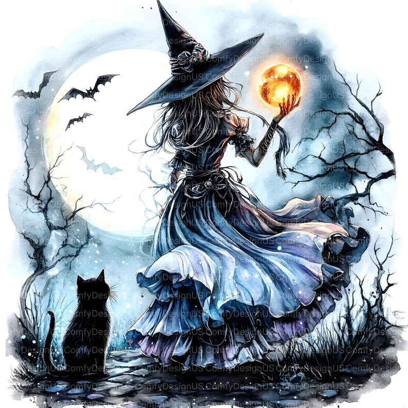 May include: Watercolor illustration of a witch holding a glowing orb, set against a full moon and silhouetted bats. A black cat sits on a stone path. The witch wears a black hat and flowing blue dress, with bare, leafless trees in the background.