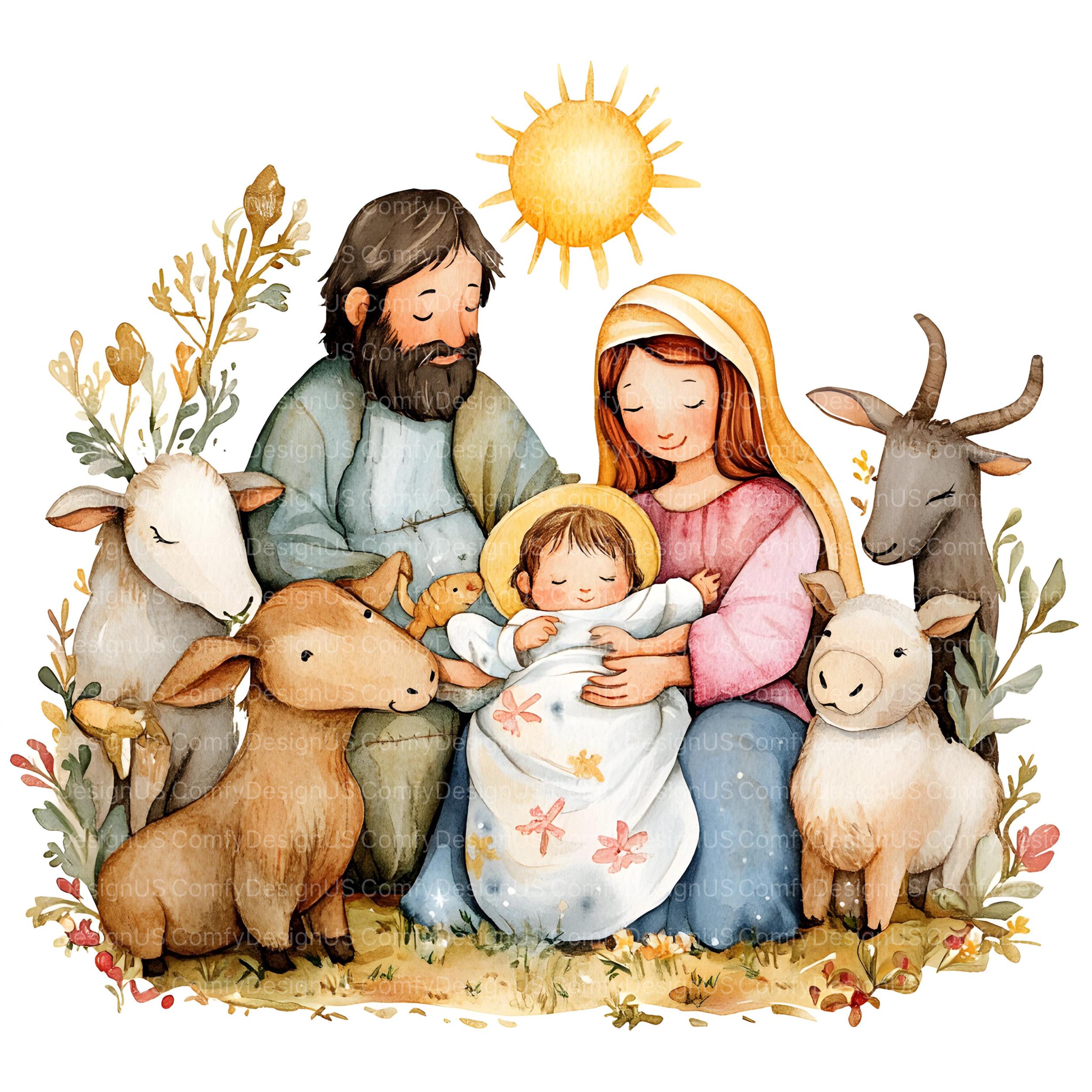 かわいいキリスト降誕シーンの水彩画クリップアート、12 枚の高品質