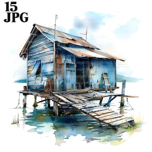 15 Imágenes Prediseñadas de cabaña de pescadores, imágenes prediseñadas de pesca, imágenes prediseñadas de pescador, imágenes prediseñadas de acuarela imprimibles, JPG de alta calidad, descarga digital, diario