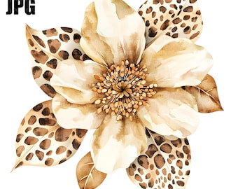 13 Leopard Flowers Clipart, Watercolor Flower Clip Art, Clipart Flowers, Leopard Pattern, Floral Clipart, High Quality JPG, Digital Download