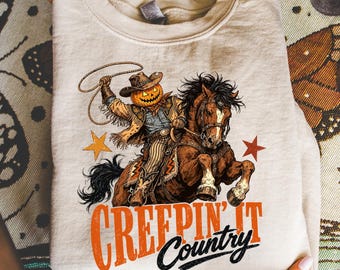 Western Halloween PNG, Creepin Country Pumpkin Cowboy Png, Vintage Rodeo Halloween Design, Fall Western Sublimation Designs, Cowgirl Png