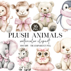 Pacchetto di clipart di animali di peluche vintage rosa acquerello, clipart di animali per la cameretta dei bambini, invito per baby shower PNG, decorazioni per cuccioli, orsacchiotto