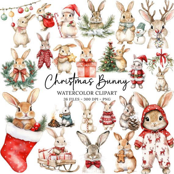 Woodland Bunny Clip Art, Watercolor Christmas Bunny PNG Clip Art, Winter Clip Art Bundle, Snowmen Clipart, Christmas Tree Christmas Download