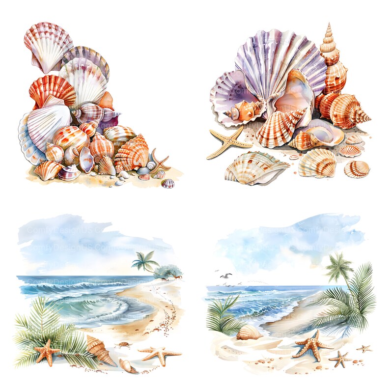 May include: A watercolor painting of seashells and beach scenes. The top left corner shows a pile of seashells in various colors and shapes. The top right corner shows a group of seashells with a starfish. The bottom left corner shows a beach scene with a palm tree and waves. The bottom right corner shows a beach scene with a palm tree and waves.