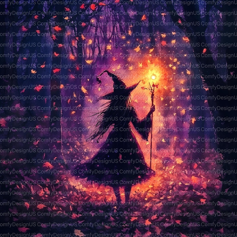 May include: Digital art of a witch in a black dress and hat, holding a glowing staff, standing in a forest with falling autumn leaves. The background features a warm, orange glow, creating a mystical and enchanting scene.