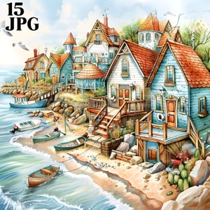 15 Seaside Cottages Clipart, wunderliche Cottage, Beach Cottage, Printable Aquarell Clipart, hochwertige JPGs Digital Download Junk Journal