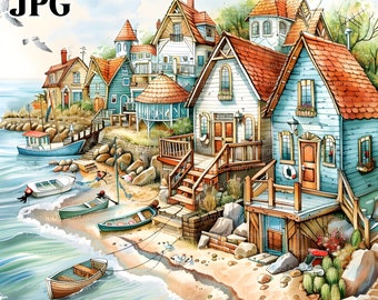 May include: A watercolor painting of a seaside village with colorful houses, a sandy beach, and boats in the water. The houses have red tile roofs and white walls, and some have wooden porches. The beach is sandy and has a few rocks and plants. The boats are small and wooden, and some have sails.