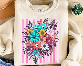 Colorful Striped Halloween Flowers Skull Flower Design Spooky Season Striped Png Preppy Floral Png Trendy Fall Flowers Png Fall Sublimation