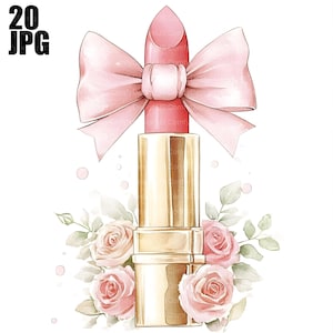20 Rosa Lippenstift mit Schleife Clipart, Makeup Clipart, Kosmetik, Aquarell Clipart, Junk Journal, Digital Download, Papiermodell, JPG