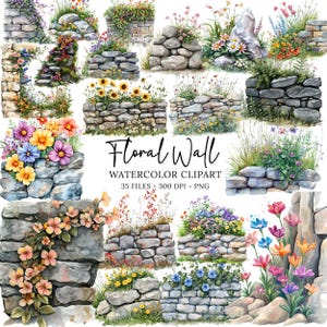 Blumen Stein Wand Clipart, Blumen Wand, Garten Wand Clipart, Blumen auf Steinen, Blumen PNG, Wildblumen Clipart, hochwertige PNGs, Digital