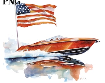 15 motorboot clipart, speedboot, vlag van de VS, 4 juli, afdrukbare aquarel clipart, hoge kwaliteit png-bestanden, digitale download, junk Journal