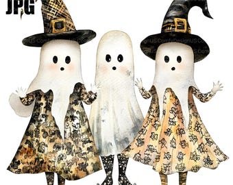 20 Cute Halloween Ghost Clipart, Whimsical Ghost, High Quality JPG, Watercolor Clipart, Junk Journal, Digital Download, Paper Craft Clip Art
