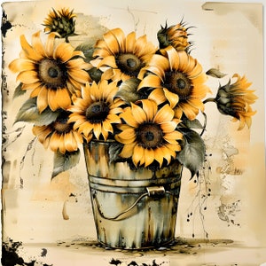 K&ouml;nnte beinhalten: Ein Strau&szlig; gelber Sonnenblumen mit braunen Zentren in einem rustikalen Metalleimer. Die Sonnenblumen sind in einer Vase mit einem abgenutzten, antiken Look angeordnet. Der Hintergrund ist hellbeige mit einem Aquarelleffekt.