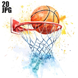 20 cliparts aquarelle de basket-ball, basket-ball de sport, clipart aquarelle imprimable, JPG de haute qualité, téléchargement numérique, créations en papier, clipart