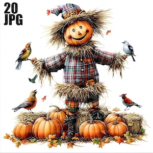 20 Autumn Scarecrow Clipart, Scarecrow Graphics, Autumn Clipart, Quality JPG, Watercolor Clipart, Junk Journal, Digital Download Paper Craft