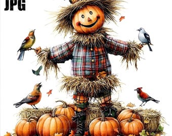 20 imágenes prediseñadas de espantapájaros de otoño, gráficos de espantapájaros, imágenes prediseñadas de otoño, JPG de calidad, imágenes prediseñadas de acuarela, diario basura, manualidades de papel con descarga digital