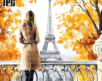 20 Autumn Woman in Paris Clipart, Autumn Clipart, High Quality JPG, Watercolor Clipart, Junk Journal, Digital Download, Paper Craft Clip Art