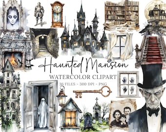 Watercolor Haunted Mansion Halloween Clipart, Spooky Creepy Gothic Clip Art PNG, Haunted House Graphics, Ghosts, Mystery, Spooky Houses PNG
