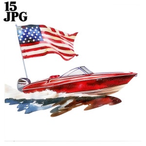May include: A red speedboat with a white stripe and a white motor is speeding through the water with a waving American flag in the background.