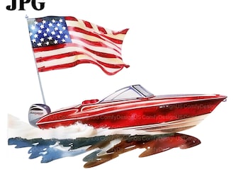 15 motorboot clipart, speedboot, vlag van de VS, 4 juli, afdrukbare aquarel clipart, hoge kwaliteit jpg's, digitale download, Paper Craft