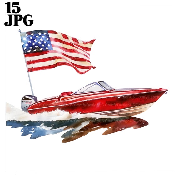 15 Motor Boat Clipart, Speed Boat, USA Flag, 4th of July, Printable Watercolor Clipart, High Quality JPGs, Digital Download, Paper Craft