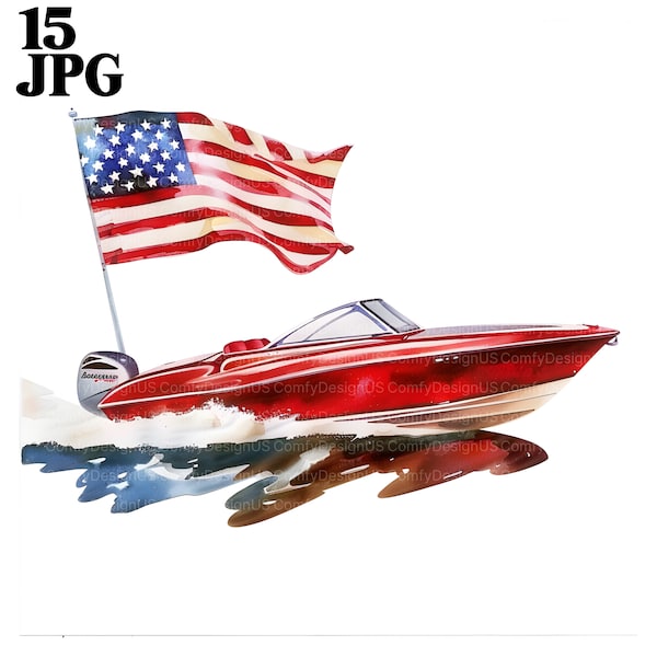 15 Motor Boat Clipart, Speed Boat, USA Flag, 4th of July, Printable Watercolor Clipart, High Quality JPGs, Digital Download, Paper Craft