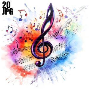 20 Music Notes Clipart, Artistic Music Print, Music Clipart, Treble Clef Clipart, Junk Journal, Digital Download, Paper Craft Watercolor JPG