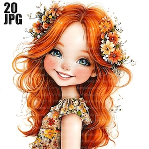 20 schrullig Mädchen Clipart, Rothaarige kleine Mädchen Clipart, hochwertige JPGs, Aquarell Clipart, Junk Journal, digitaler Download, Papiermodelle