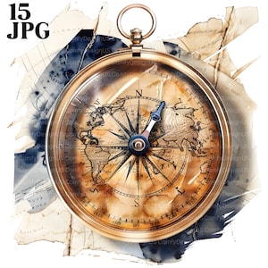 15 vieux clipart boussole, boussole avec carte des cliparts, clipart voyage, clipart aquarelle imprimable, fichiers JPG de haute qualité, téléchargement numérique, journal intime
