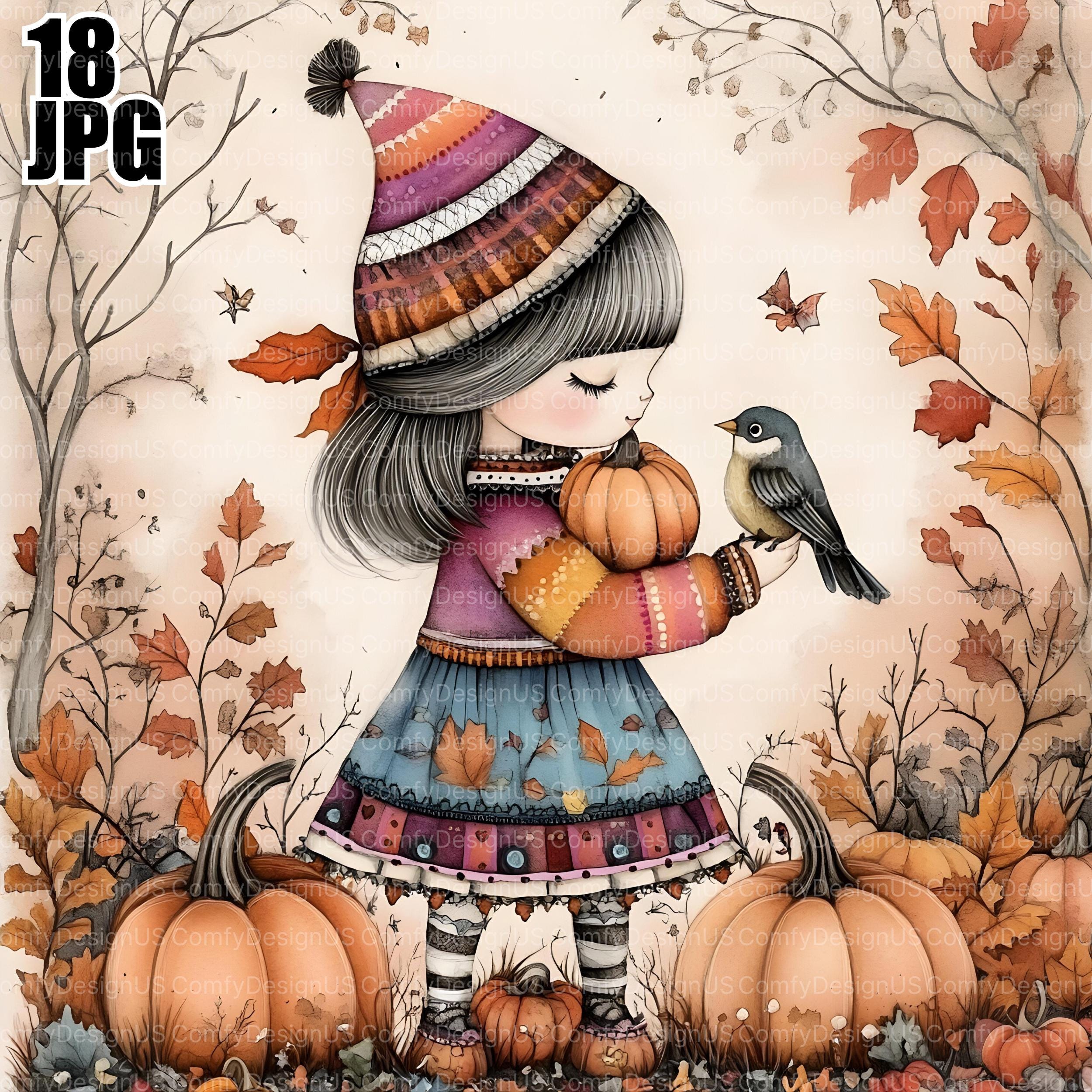 18 Girl With Crow Clipart, Whimsical Fall Girl, Autumn Clipart