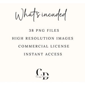 Pu&ograve; includere: Testo che recita "What's included" seguito da un elenco di funzionalit&agrave;: 38 file PNG, immagini ad alta risoluzione, licenza commerciale e accesso immediato. Il testo "Co" e "Comfy Design" &egrave; anche visibile.