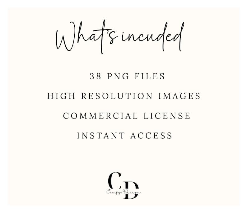 Pu&ograve; includere: Testo che recita "What's included" seguito da un elenco di funzionalit&agrave;: 38 file PNG, immagini ad alta risoluzione, licenza commerciale e accesso immediato. Il testo "Co" e "Comfy Design" &egrave; anche visibile.