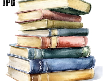 Könnte beinhalten: Ein Stapel von Büchern im Vintage-Stil mit Aquarell-gemalten Einbänden in Braun-, Grün-, Blau- und Rottönen. Die Bücher sind übereinander gestapelt, wobei das oberste Buch das größte und das unterste Buch das kleinste ist.