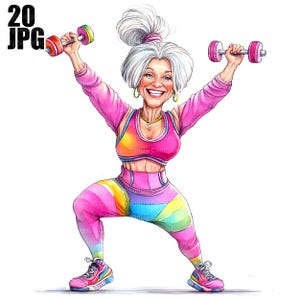 May include: Watercolor illustration of a smiling older person exercising with dumbbells. The person is wearing a pink and rainbow workout outfit, gold jewelry, and sneakers. The dumbbells are pink and rainbow colored. The image has a white background.
