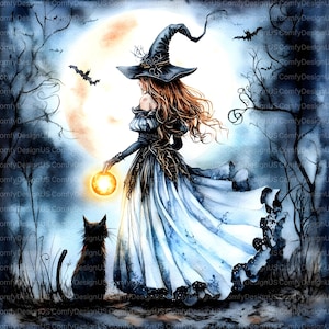 May include: Watercolor illustration of a witch in a black hat and flowing gown, holding a glowing orb. A black cat sits nearby, with bats and a full moon in the background. A spooky, fantasy-themed artwork.