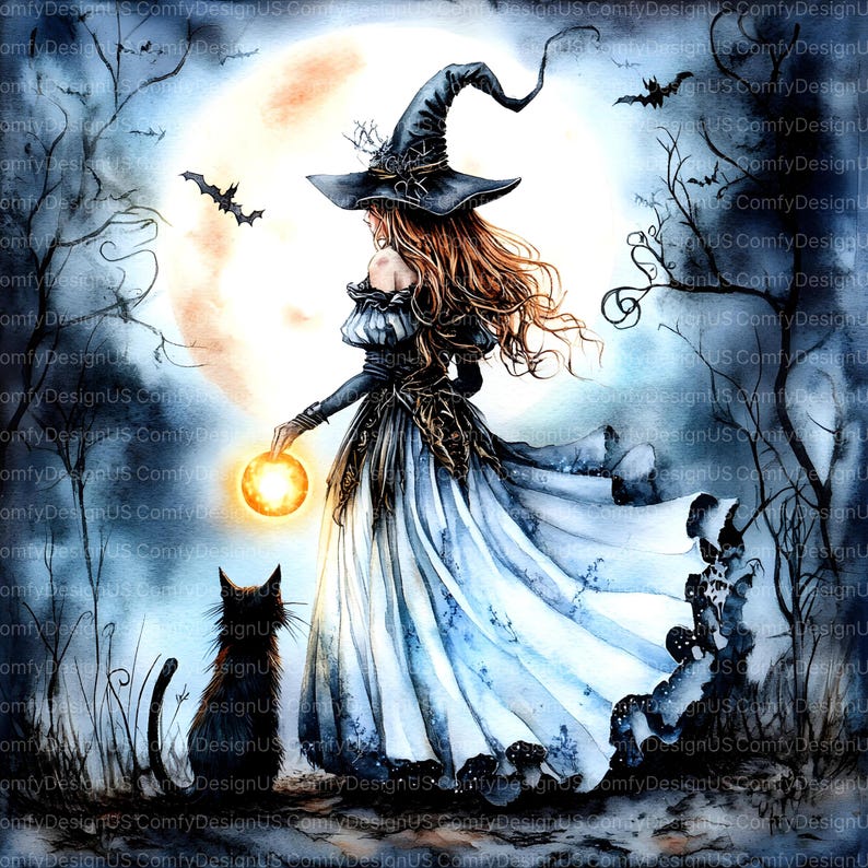 May include: Watercolor illustration of a witch in a black hat and flowing gown, holding a glowing orb. A black cat sits nearby, with bats and a full moon in the background. A spooky, fantasy-themed artwork.