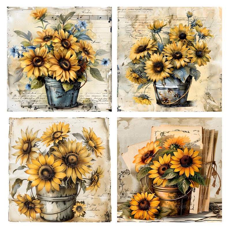 K&ouml;nnte beinhalten: Vier Vintage-Bilder von Sonnenblumen in Metalleimern. Jedes Bild zeigt einen anderen Hintergrund, darunter ein Notenblatt, handschriftliche Notizen und alte B&uuml;cher. Die Sonnenblumen sind gelb mit braunen Zentren und gr&uuml;nen Bl&auml;ttern.
