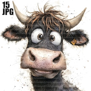 Puede incluir: Una ilustración de dibujos animados de una vaca negra y blanca con ojos grandes y abiertos y una expresión de sorpresa. La vaca está mirando directamente al espectador con la lengua ligeramente fuera. El fondo es blanco con algunas salpicaduras de pintura marrón.