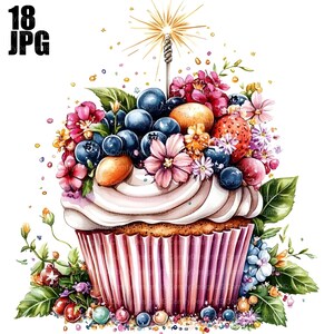 Clipart de cupcakes de cumpleaños número 18, cupcakes de acuarela, clipart de cumpleaños, clipart de repostería, archivos JPG de alta calidad, diario basura, descarga digital, manualidades
