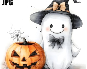 20 Cartoon Cute Ghost Clipart, Halloween Clipart, High Quality JPG, Watercolor Clipart, Junk Journal, Digital Download, Paper Craft Clip Art