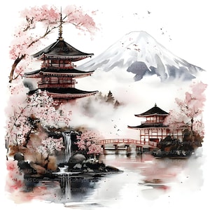 May include: A watercolor painting of a Japanese landscape with a pagoda, a bridge, a waterfall, and Mount Fuji in the background. The scene is surrounded by cherry blossom trees.
