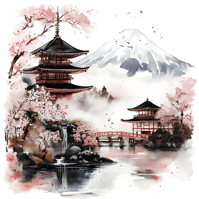 May include: A watercolor painting of a Japanese landscape with a pagoda, a bridge, a waterfall, and Mount Fuji in the background. The scene is surrounded by cherry blossom trees.