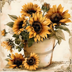K&ouml;nnte beinhalten: Ein rustikaler Metalleimer gef&uuml;llt mit einem Strau&szlig; leuchtend gelber Sonnenblumen. Die Sonnenblumen haben dunkelbraune Zentren und sind in einem lockeren, nat&uuml;rlichen Stil angeordnet. Der Eimer ist verwittert und hat eine abgenutzte Oberfl&auml;che. Der Hintergrund ist ein sanftes Beige mit einem Vintage-Look.