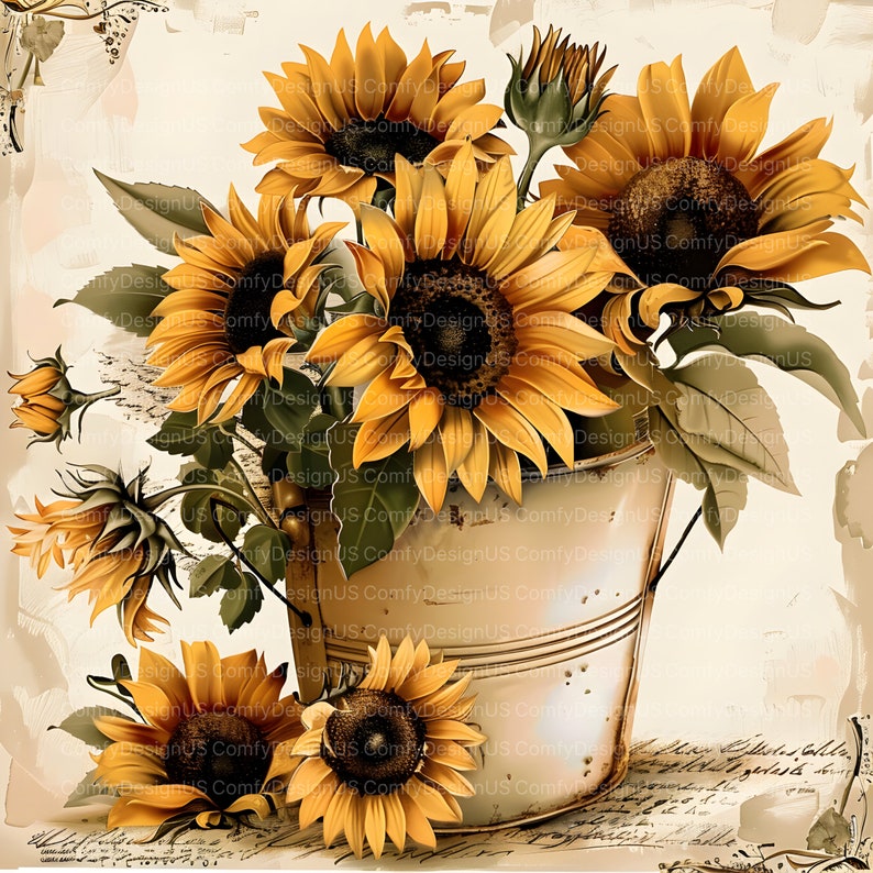 K&ouml;nnte beinhalten: Ein rustikaler Metalleimer gef&uuml;llt mit einem Strau&szlig; leuchtend gelber Sonnenblumen. Die Sonnenblumen haben dunkelbraune Zentren und sind in einem lockeren, nat&uuml;rlichen Stil angeordnet. Der Eimer ist verwittert und hat eine abgenutzte Oberfl&auml;che. Der Hintergrund ist ein sanftes Beige mit einem Vintage-Look.